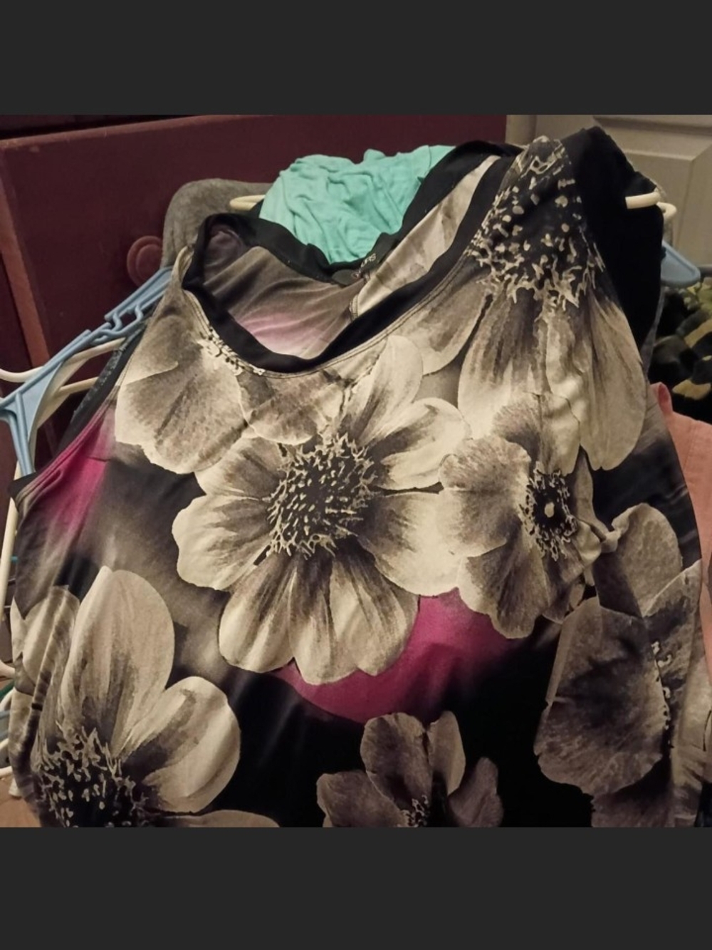 Floral Print Women's Tank, Black and Gray with Pink Accents